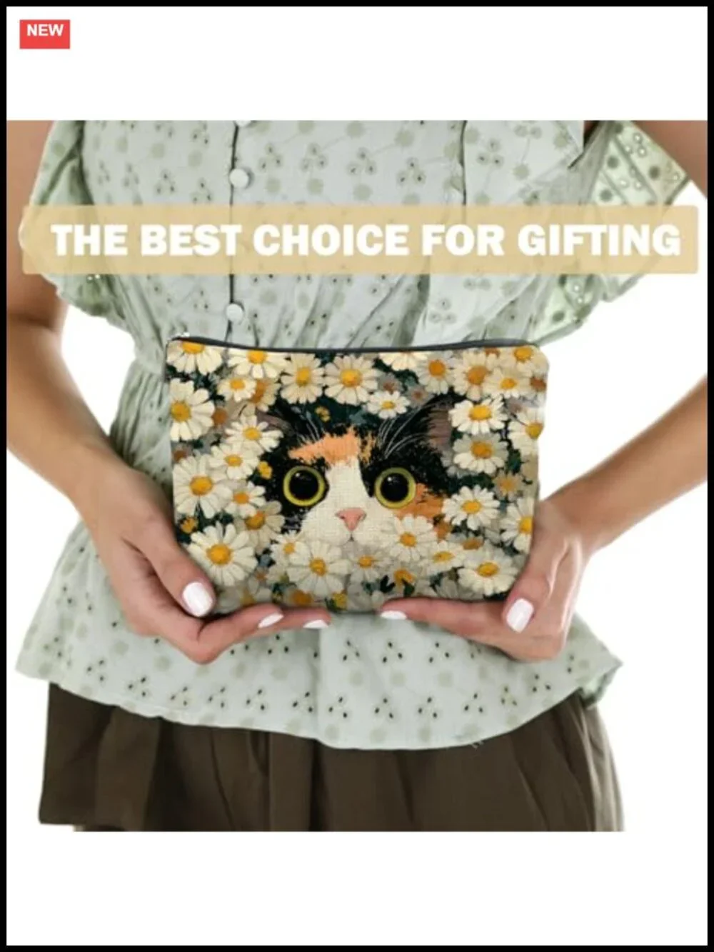 Cute Cat Floral Makeup Bag Linen Canvas Zipper Pouch Travel Toiletry Organizer
